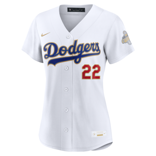 Clayton Kershaw Los Angeles Dodgers Nike Women's 2026 Gold Collection Stadium Jersey - White Clayton Kershaw Los Angeles Dodgers Nike Women's 2026 Gold Collection Stadium Jersey - White