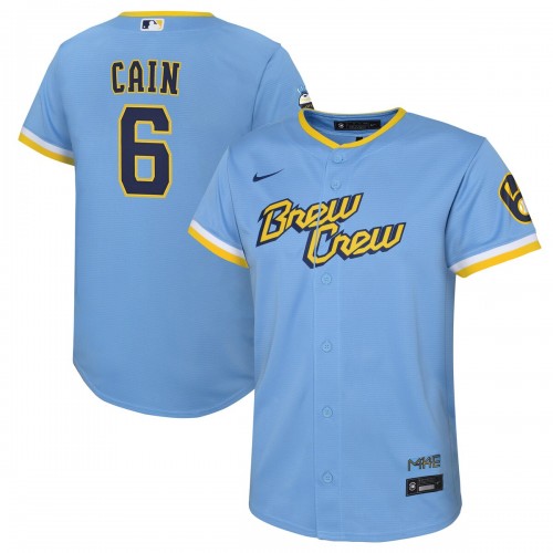 Lorenzo Cain Milwaukee Brewers Nike Youth 2022 City Connect Replica Player Jersey - Powder Blue