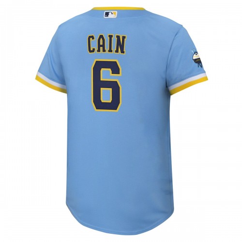 Lorenzo Cain Milwaukee Brewers Nike Youth 2022 City Connect Replica Player Jersey - Powder Blue